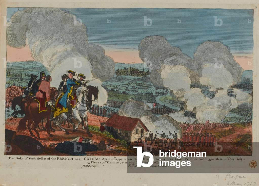 The Duke of York (1763-1827) defeating the French near Cateau, April 26th 1794, from a set of Seven Years War scenes published by F. West, 1834 (colour litho)