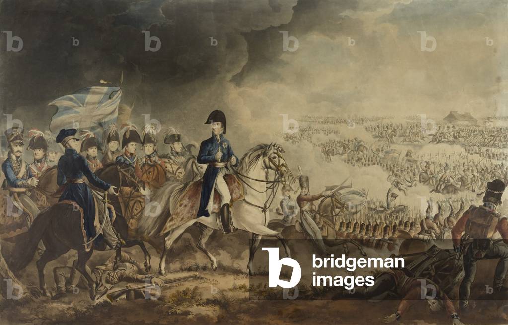 The Duke of Wellington and the Most Distinguished Officers at the Battle of Waterloo, 18 Jun 1815, aquatint by W.T. Fry and T. Sutherland, published by J. Jenkins, London, 18 Jun 1817 (coloured aquatint)