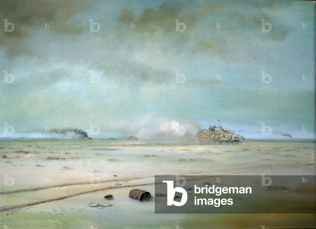 British infantry vehicles advancing, Iraq, 1991 (oil on board)