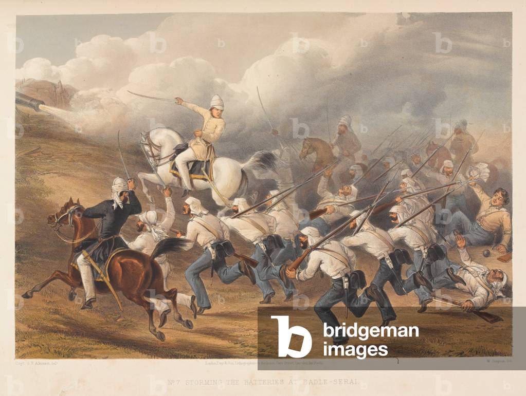 Storming the Batteries at Badle-Serai, 1857 (coloured lithograph)