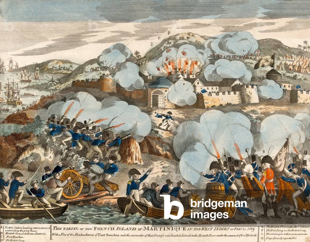The Taking of the French Island of Martinique in the French West Indies on Feby 24th 1809 (woodcut, coloured)