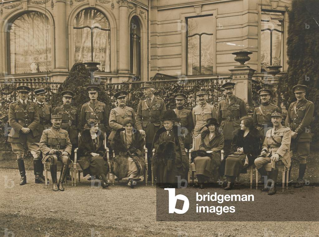 Photograph of a group, General Staff including Princess Beatrice, Marshal Foch and Sir Henry Wilson, wearing each other’s hats, Cologne, 1919 (b/w photo)