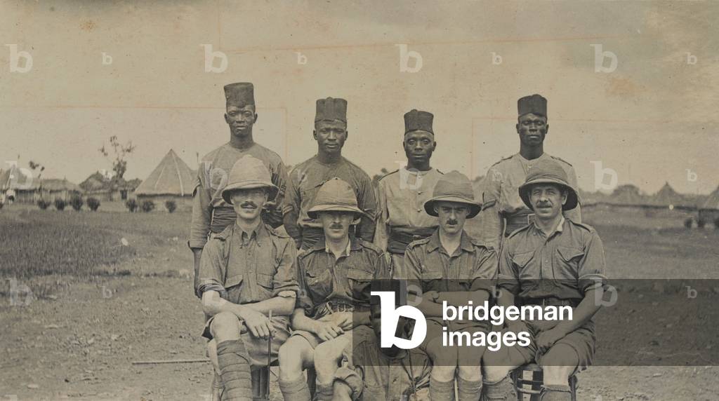 African soldiers and British officers of the West African Frontier Force, 1914 circa (b/w photo)