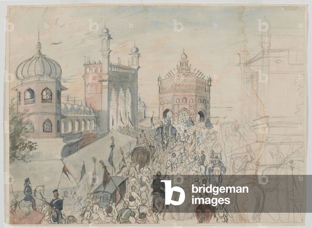 British troops in a Sikh town, probably Allahabad, 1st Sikh War, 1845 circa (w/c)