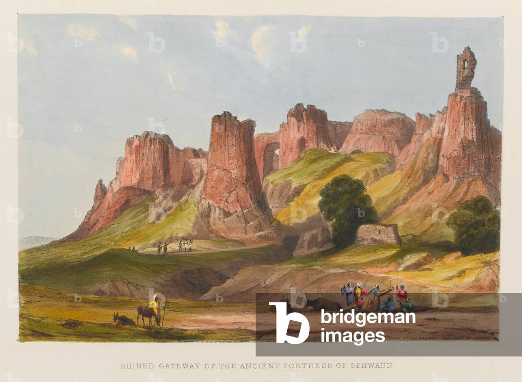 Ruined Gateway of the Ancient Fortress of Sehwaun, 1838 circa (coloured lithograph)
