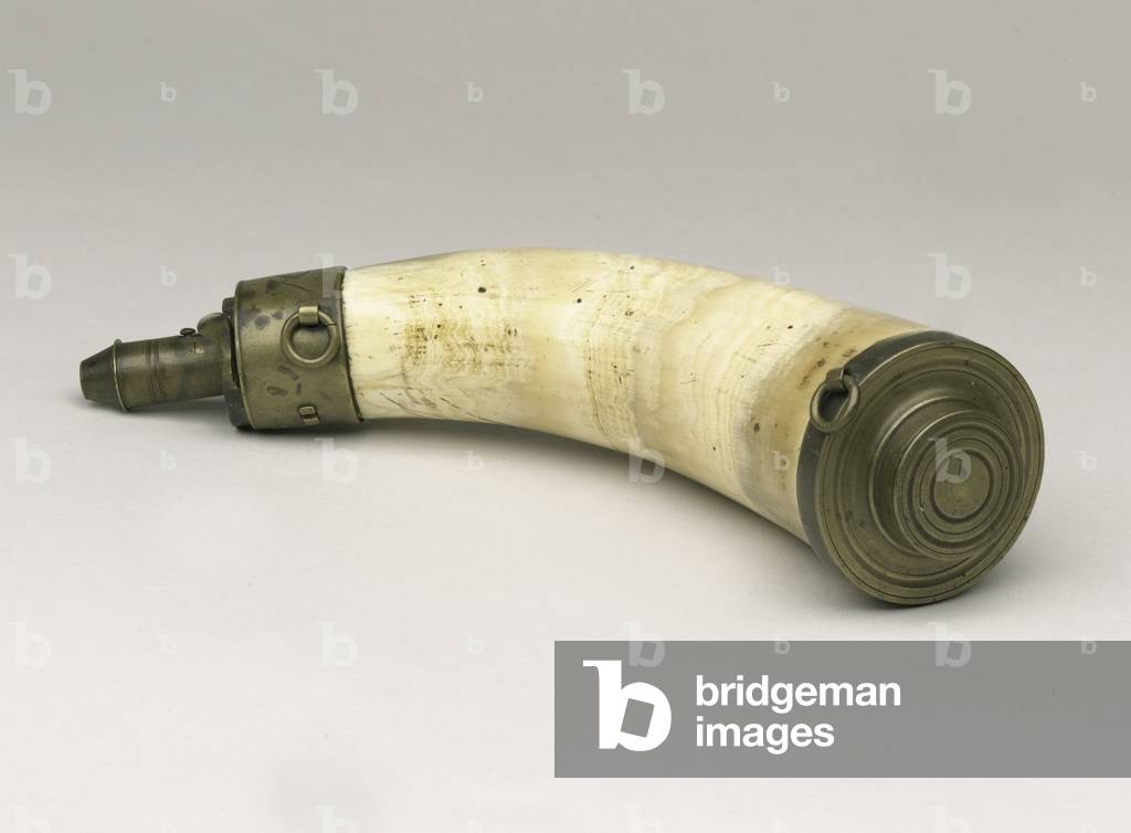 Powder horn said to have been carried at Waterloo, 1815 (horn with brass top & nozzle)