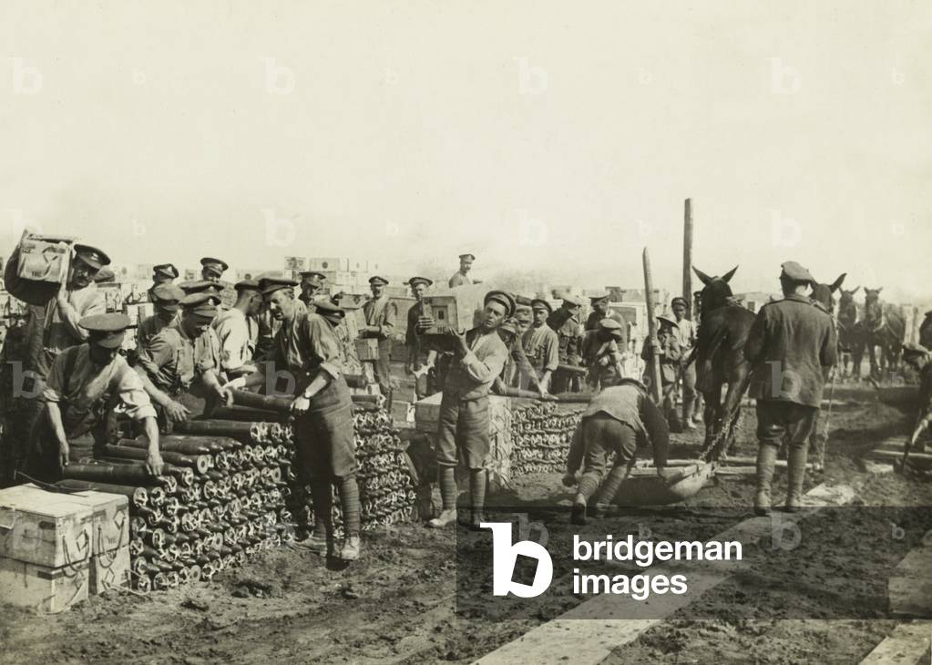 British troops unloading high explosive shells at a depot in France (b/w photo)