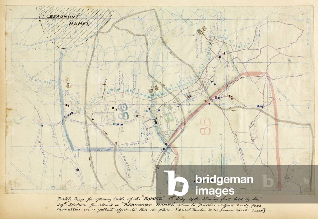 Battle map for the opening battle of the Somme, 1st July 1916 (pen & ink on paper)