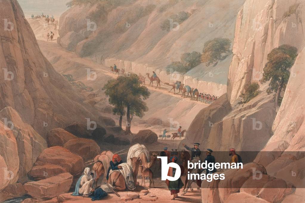 The Troops Emerging from the Narrow Part of the Defile in the Koojah [sic] Pass, 1839 (lithograph, tinted)