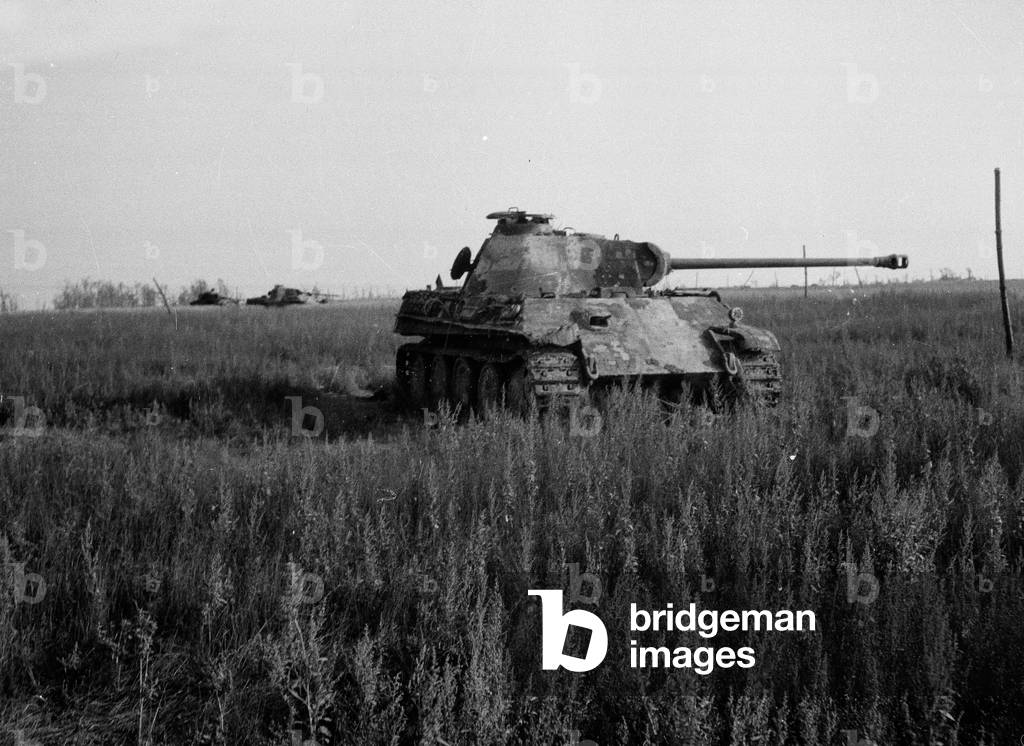 Knocked out German Panther in Normandy, 1944 (b/w photo)