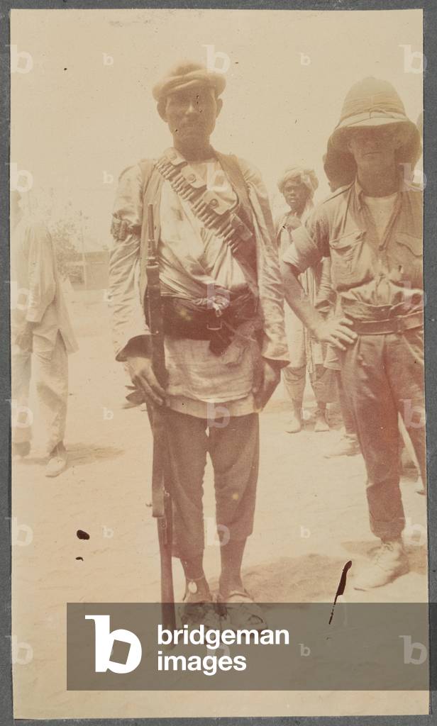 An Afghan infantryman at the peace negotiations, August 1919 (b/w photo)
