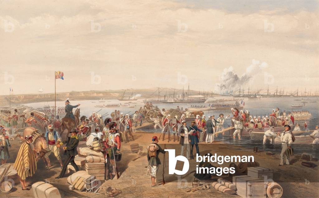 Disembarkation of the Expedition to Kertch at Kamish Bournou, and the Blowing up of St. Paul's Battery, 1855 (colour litho)