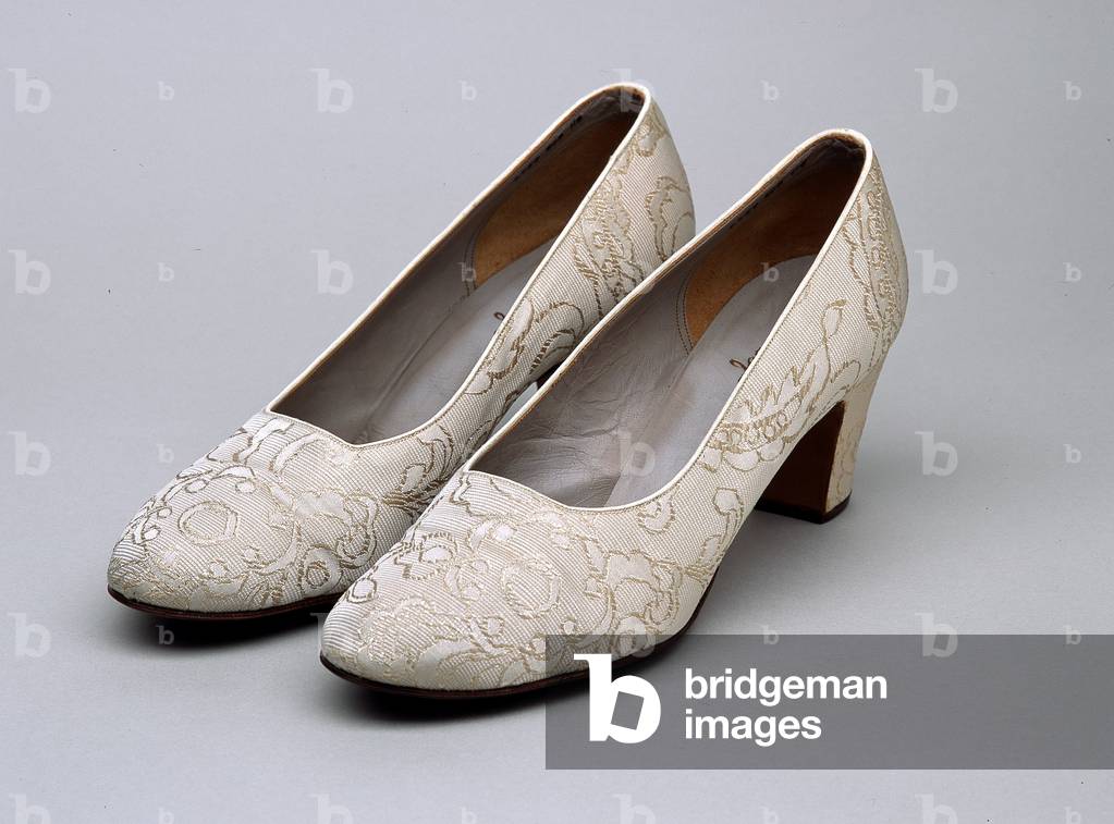 Pair of officers mess dress shoes, The Princess Royal, Women's Royal Army Corps, worn by Princess Mary, 1963 circa (white and gold brocade over leather)