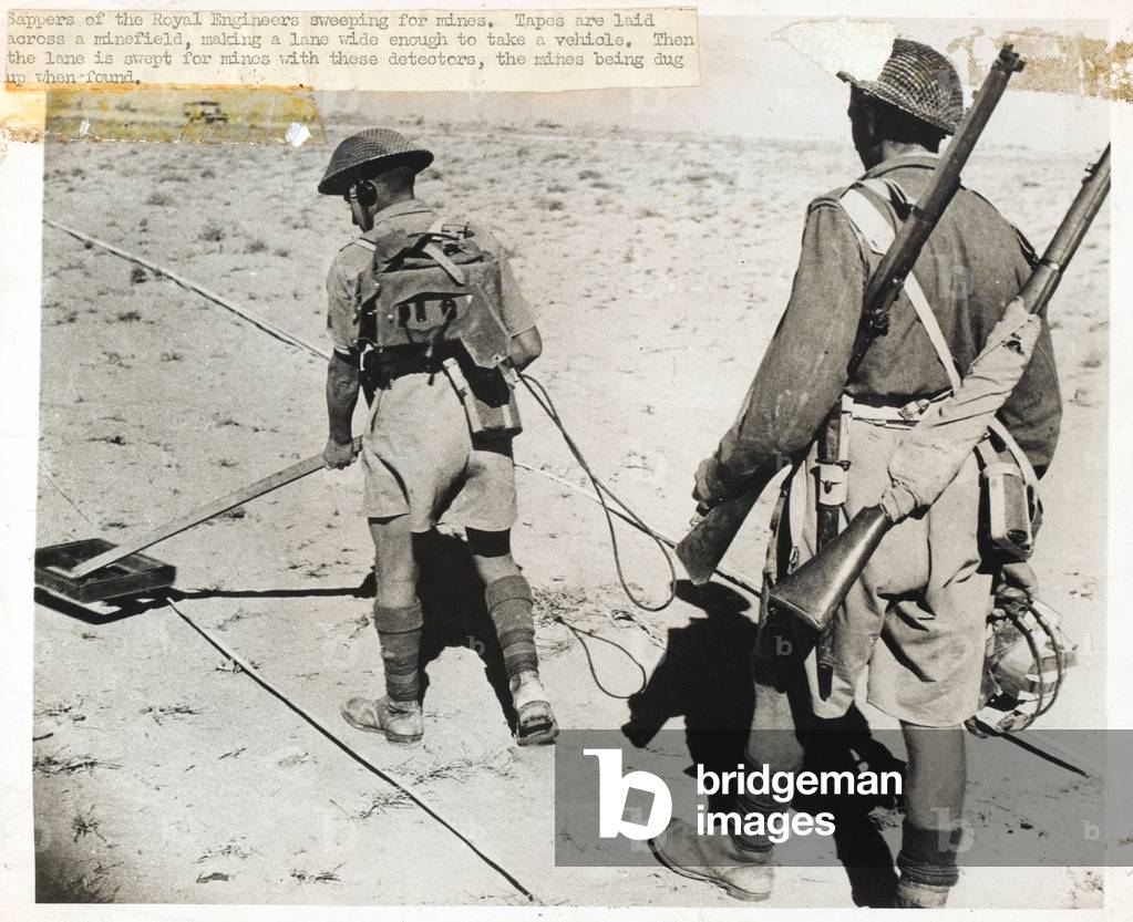 Two sappers of the Royal Engineers using detectors to sweep for mines, Egypt, 1942 circa (b/w photo)