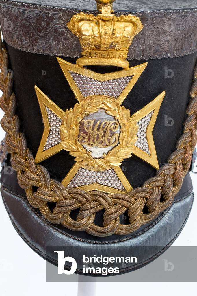 Light dragoon pattern shako and plume worn by Cornet C Cazenove, 6th Madras Light Cavalry, c.1851 (shako)