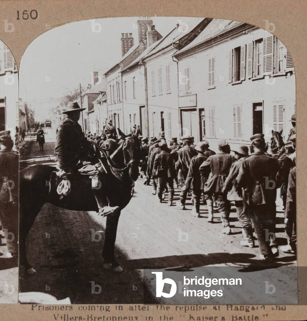 Prisoners coming in after the repulse at Hangard and Villers-Bretonneux in the Kaisers Battle, 1918 (b/w photo)