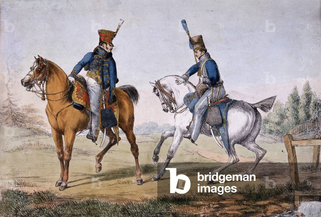 Offiziere der 10. und 18. Husaren, herausgegeben von Ackerman's Lithographic Press, 1819 (farbiges Lito)