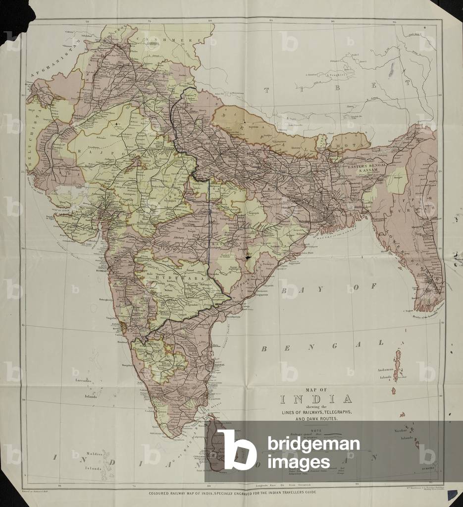 Map of India Shewing the Lines of Railways, Telegraphs, and Dawk Routes, c.1924 (coloured engraving)