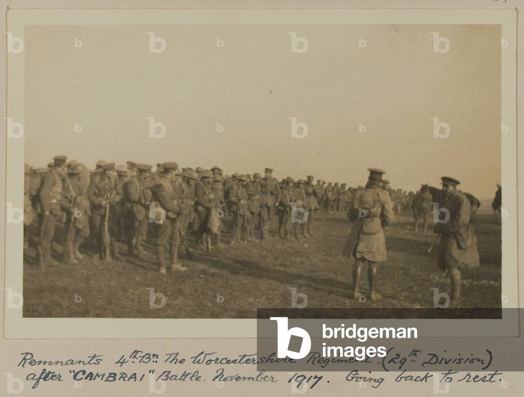 Remnants 4th. Bn. The Worcestershire Regiment (29th. Division) after “CAMBRAI” Battle, November 1917, Going back to rest (b/w photo)