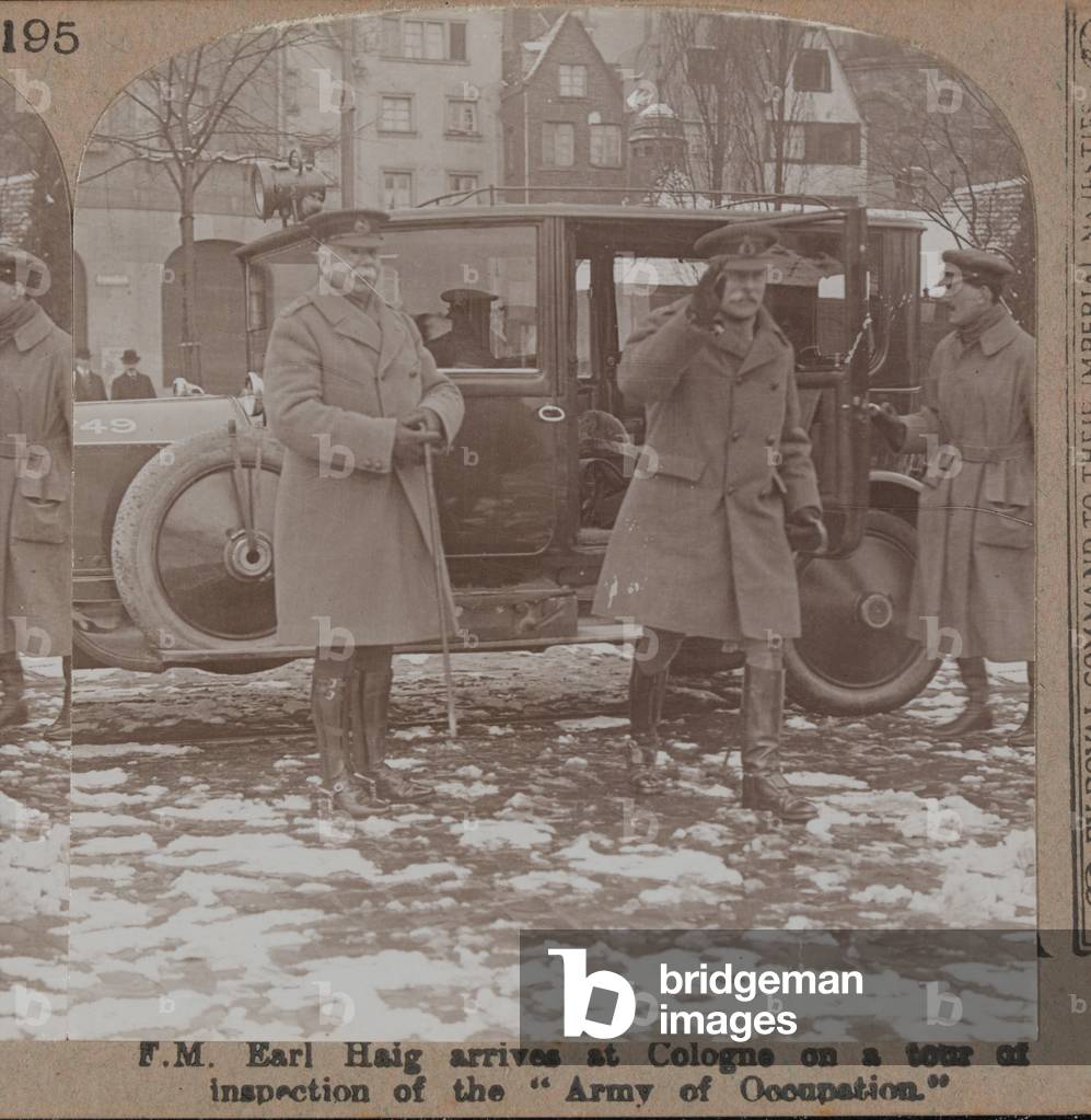 Field Marshal Haig arrives at Cologne on a tour of inspection of the Army of Occupation, 1919 (b/w photo)