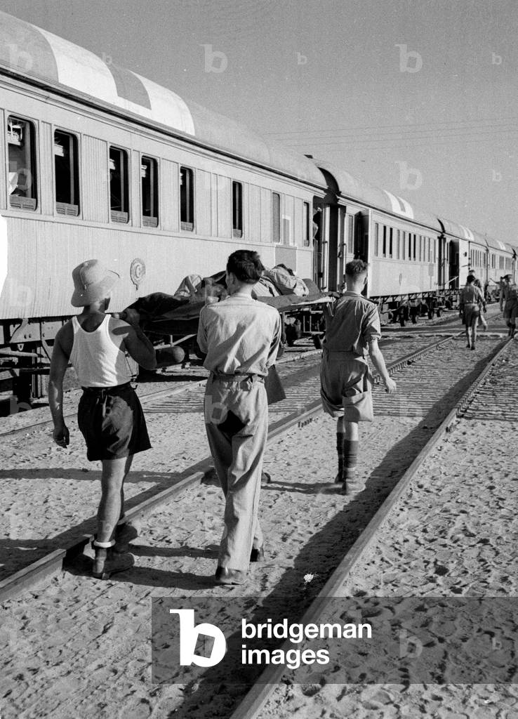 Hospital train arriving at hospital Tel-el-Kebir, North Africa, 1943 (b/w photo)