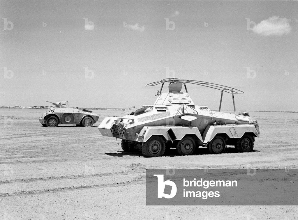 Captured German and Italian armoured cars, North Africa, 1942 circa (b/w photo)