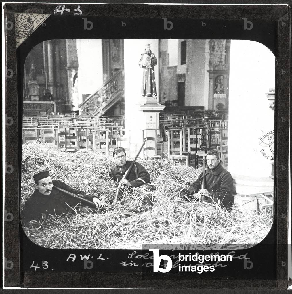 Belgian soldiers billeted in a church, 1914 (lantern slide)