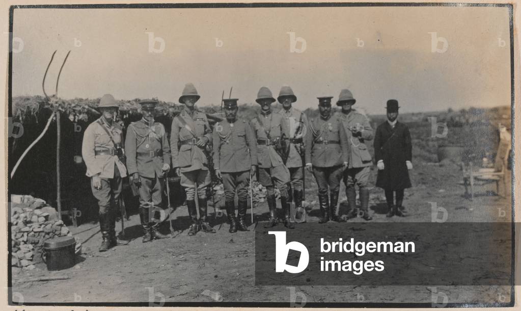 Visit of Major Tanaka (4th left) ADC to the Emperor of Japan, 2 October 1914 (b/w photo)