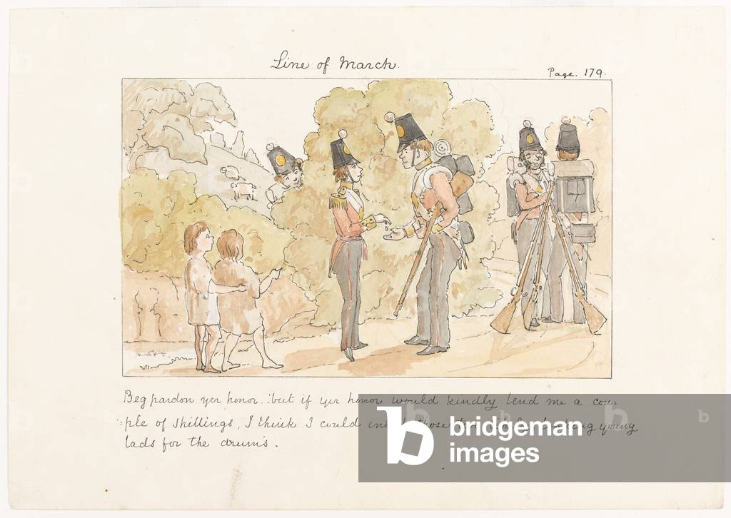 Beg Pardon yer honor, but if yer honor would kindly lend me a couple of shillings I think I could enlist those two likely looking young lads for the drums, c.1850 (w/c on paper)