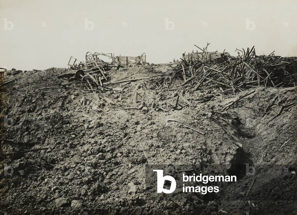 Wrecked waggons at Guillemont railway station, September 1916 (b/w photo)
