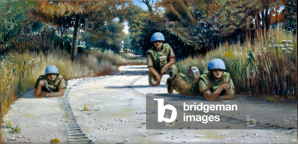Mine-clearing by hand near Vitez, Bosnia, 1994 (oil on board)