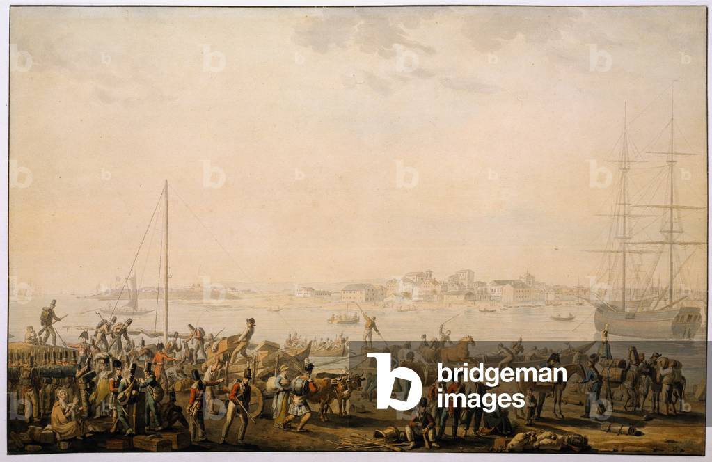 The landing of the British Army at Mondego Bay, circa 1808 (w/c)