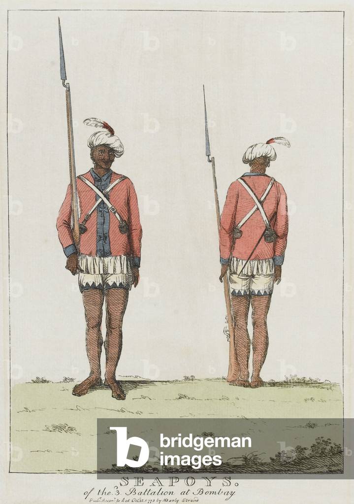 Sepoys of the 3rd Battalion at Bombay, 1773 (engraving, coloured)