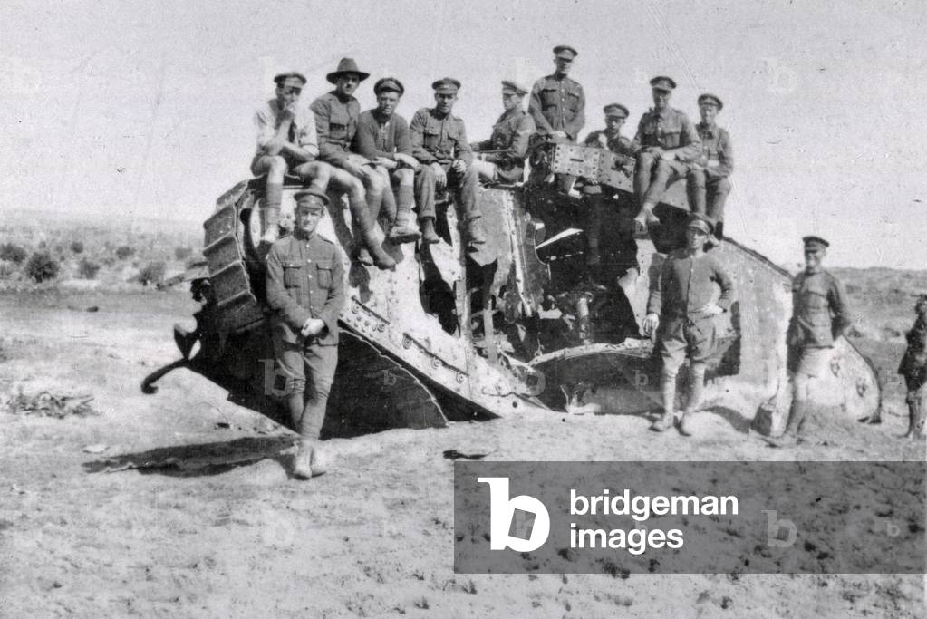 Wrecked British Mark I tank, War Baby, Gaza, 1918 (b/w photo)