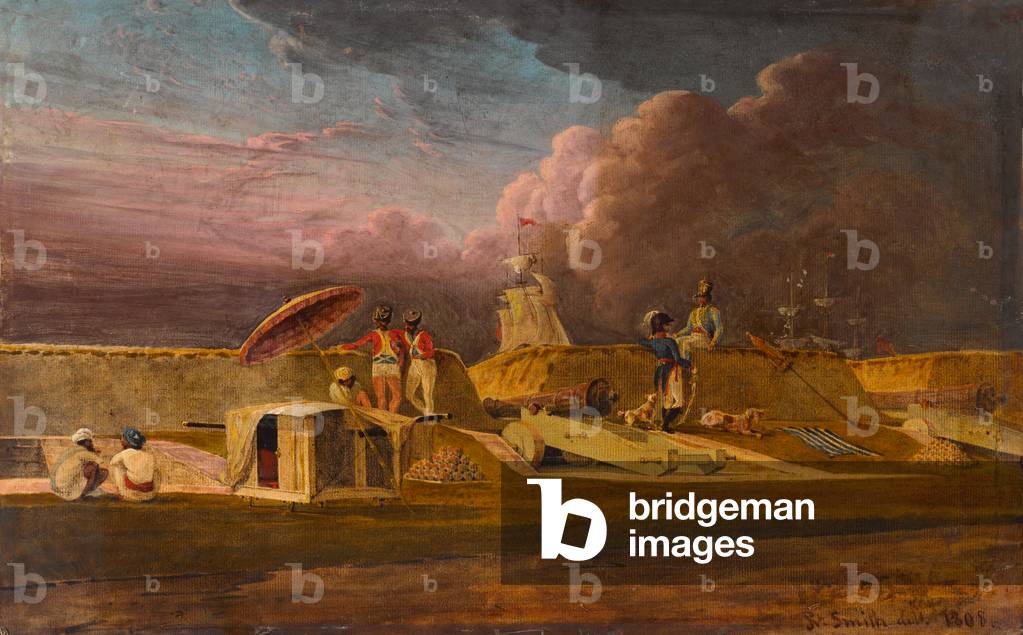 The Jumna Canal near Meerut with soldiers and fortifications, 1808 (oil on paper)