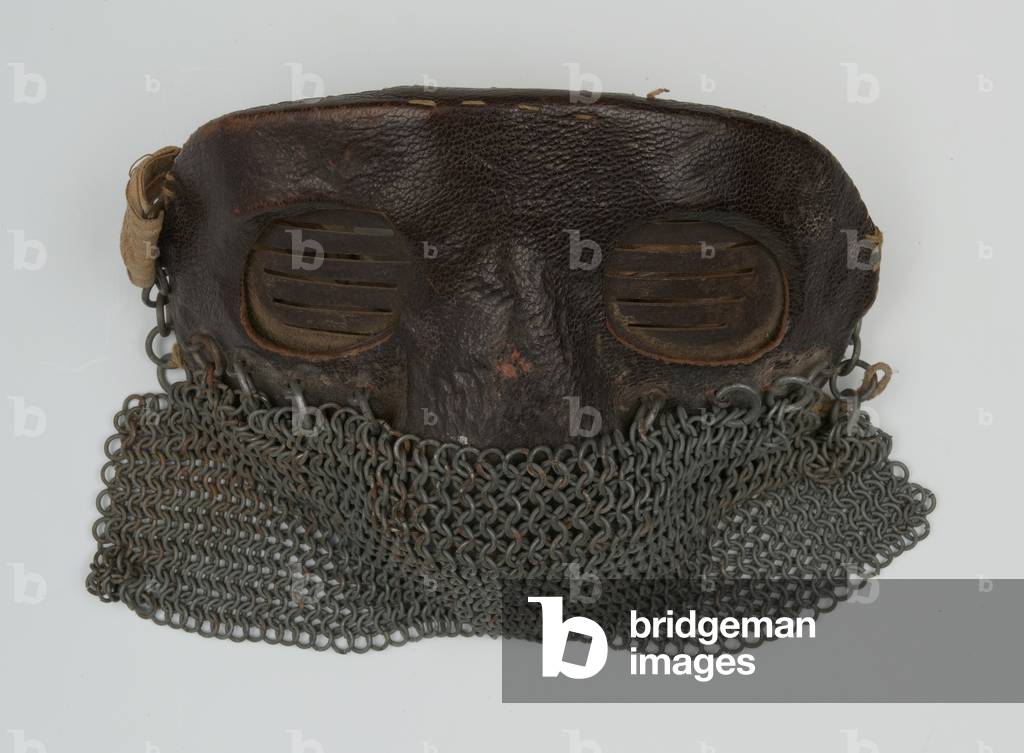 Protective face mask for tank crew, worn by Sergeant Henry Jarvis, Tank Corps, 1917 circa (steel, wadding and leather)