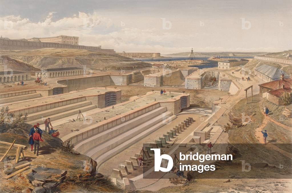 Docks at Sebastopol with ruins of Fort St Paul (colour litho)