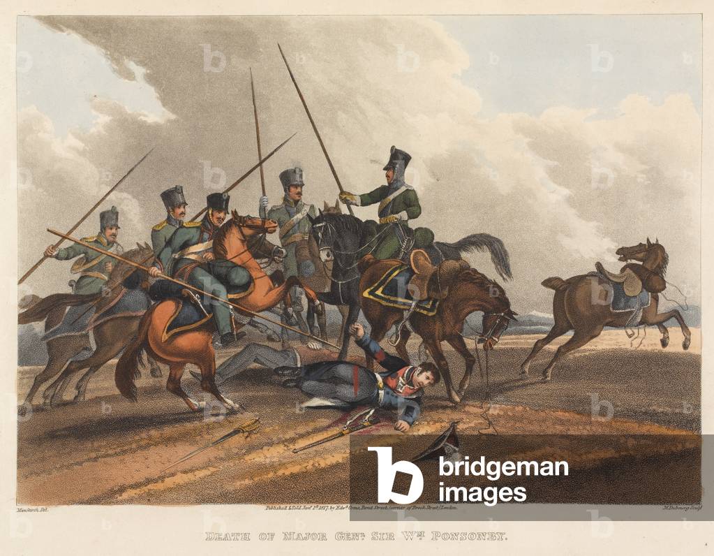 Death of Major General Sir William Ponsonby, engraved by M. Dubourg, 1819 (coloured aquatint)