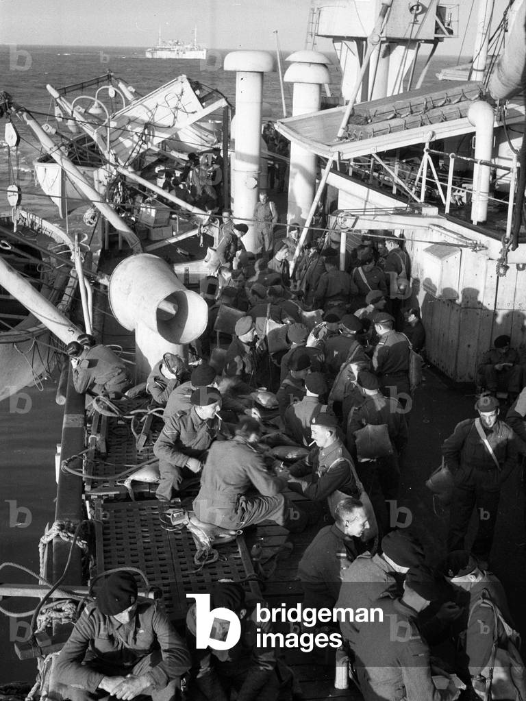 Boat drill on HMT Orion, 1944 circa (b/w photo)