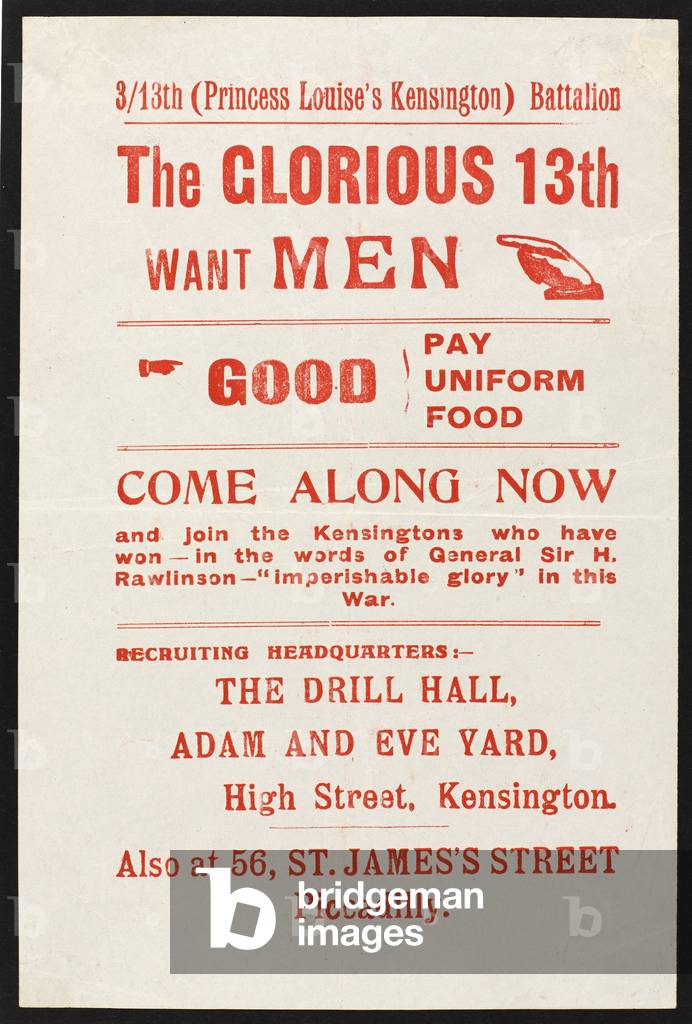 The Glorious 13th Want Men, recruiting leaflet, 1914-18 (colour litho)