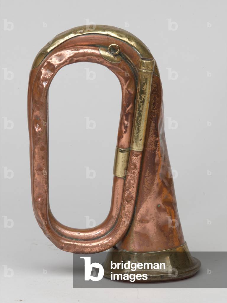 British Army bugle recovered from a Chinese position, Gloster Valley, Korea, 1951 (copper and brass)