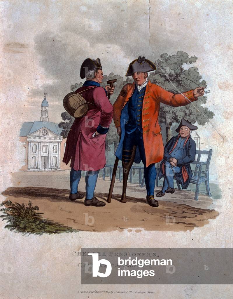 Pensionati di Chelsea, Cavalleria e Fanteria, da 'Costumi dell'esercito dell'Impero Britannico, secondo gli ul