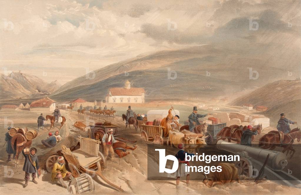Commissariat Difficulties. The Road from Balaklava to Sebastopol, at Kadikoi during the wet weather (colour litho)