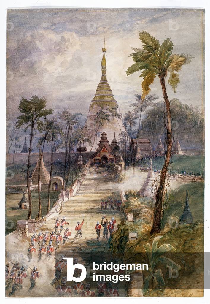The 18th and 80th Regiments of Foot storming the Shwe-Dagon Pagoda Rangoon, 12th April 1852 (w/c)