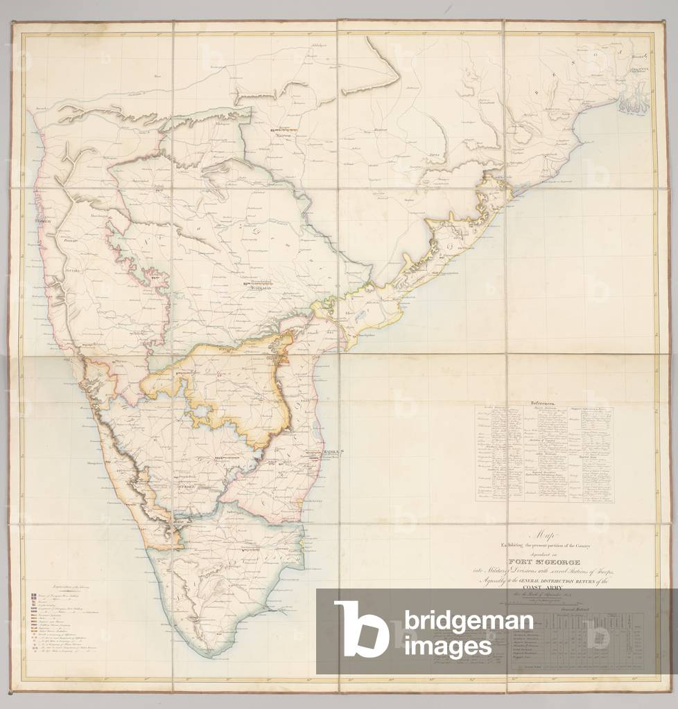 Map exhibiting the present partition of the country dependent on Fort St. George into military divisions with several stations of troops, 1843 (pen, ink & w/c on paper)