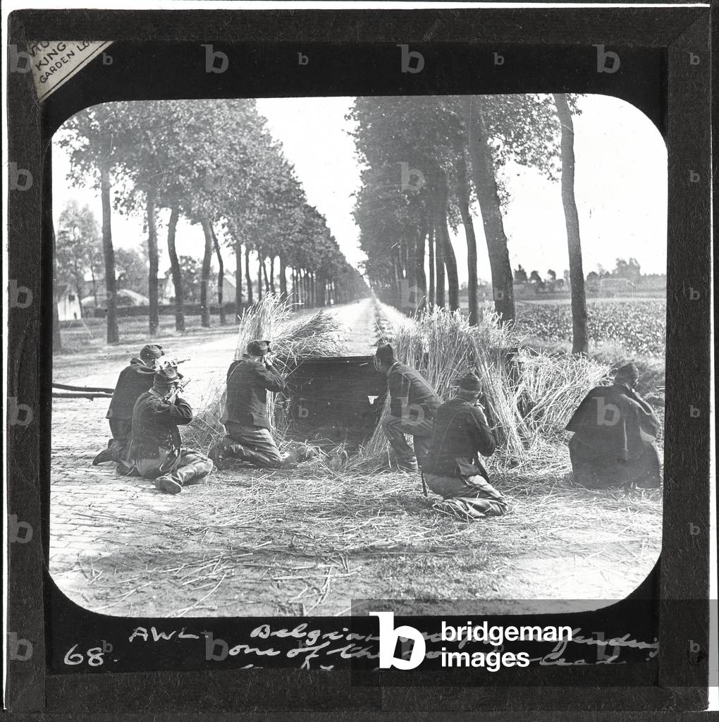 Belgian troops defending one of the roads leading to Antwerp, 1914 (lantern slide)