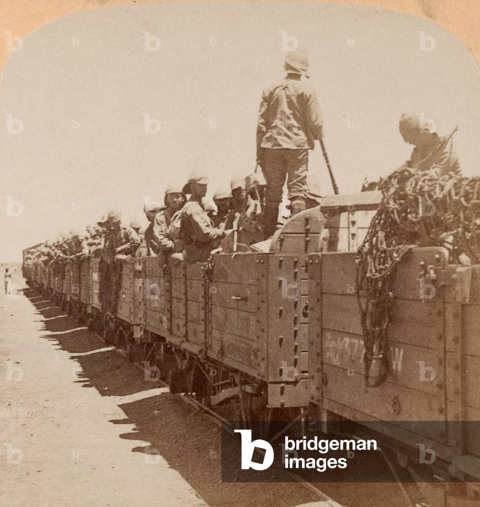 British soldiers aboard railway wagons, c.1900 (photograph, stereoscopic)