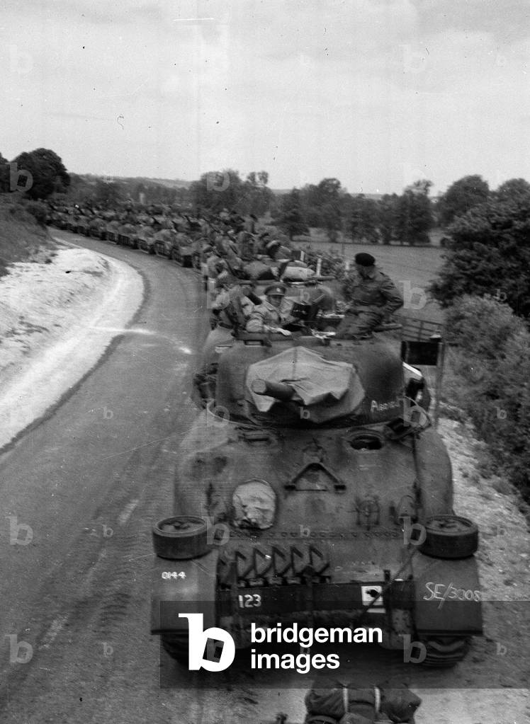 Dispersal point short of Gosport, 3rd County of London Yeomanry (Sharpshooters) tanks, Operation OVERLORD, June 1944 (b/w photo)