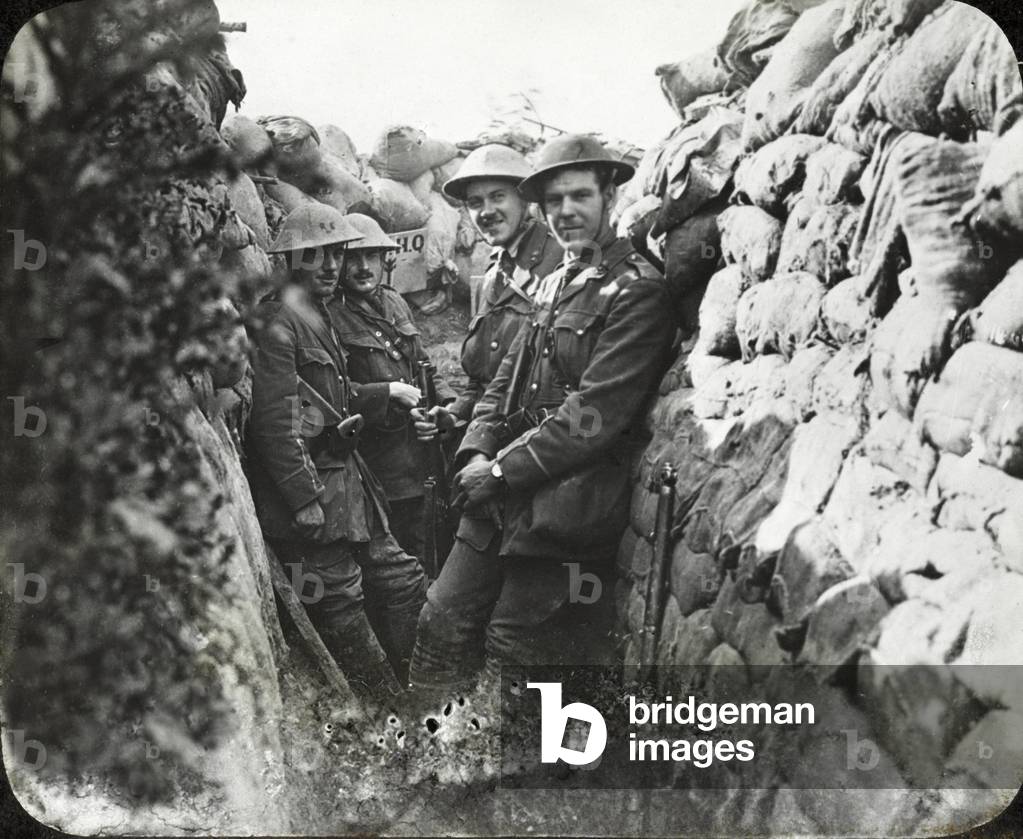 Officers of the Royal Engineers in a communication trench on the Somme, 1 July 1916 (b/w photo)