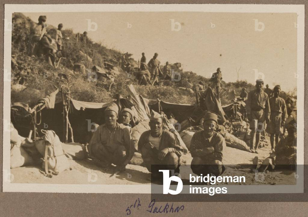 Gurkha Rifles in bivouacs, Gallipoli, 1915 (b/w photo)